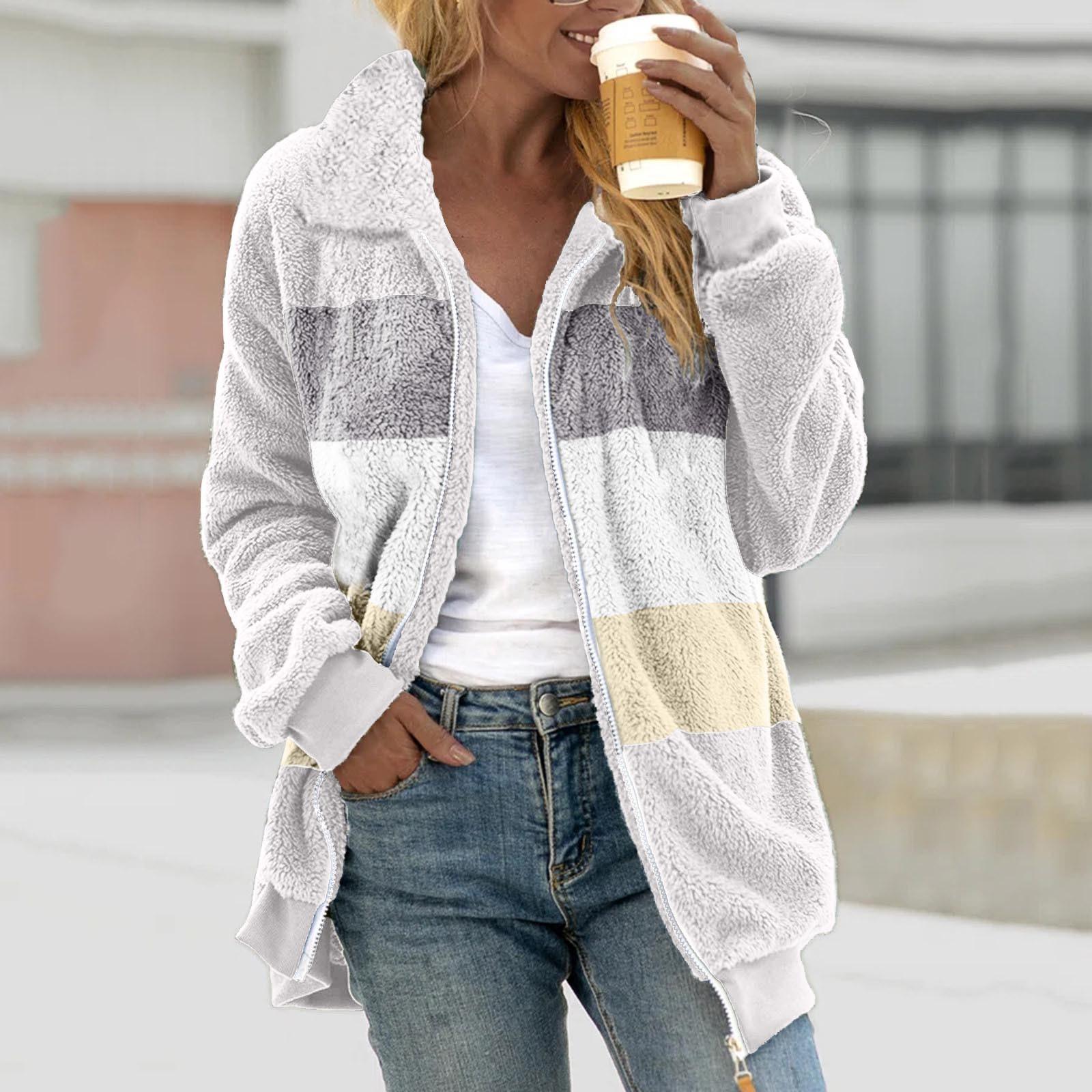 

Женская повседневная свободная плюшевая куртка с цветными блоками на молнии с отложным воротником и карманами M бежевый