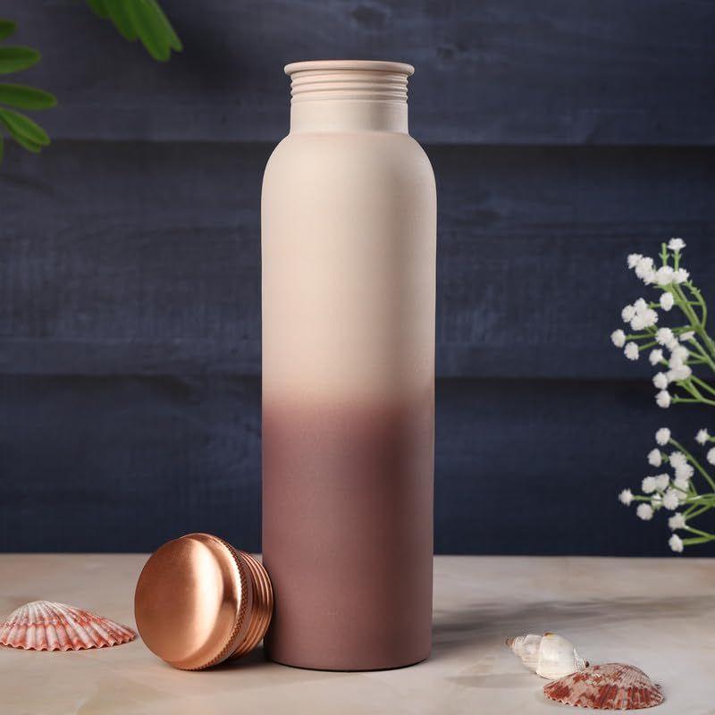 Pure Copper Water Bottle 950 ML - Jointless, Leakproof, Double Printed Design Best Gifts for Family and Friends | Cream & Brown