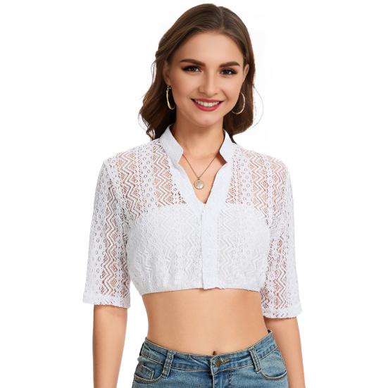 Women Lace Short Shirt Stand Collar Button Front Vintage Style Tops See-through Lace Oktoberfest