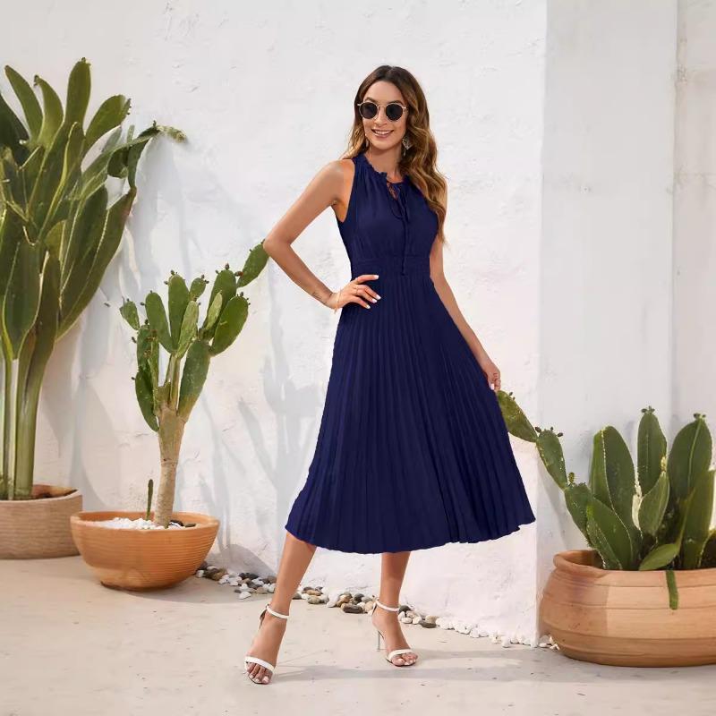 Šaty s vysokým pasem, plisované pod tlakem, bez rukávů, letní, ležérní, na dovolenou, cestovní