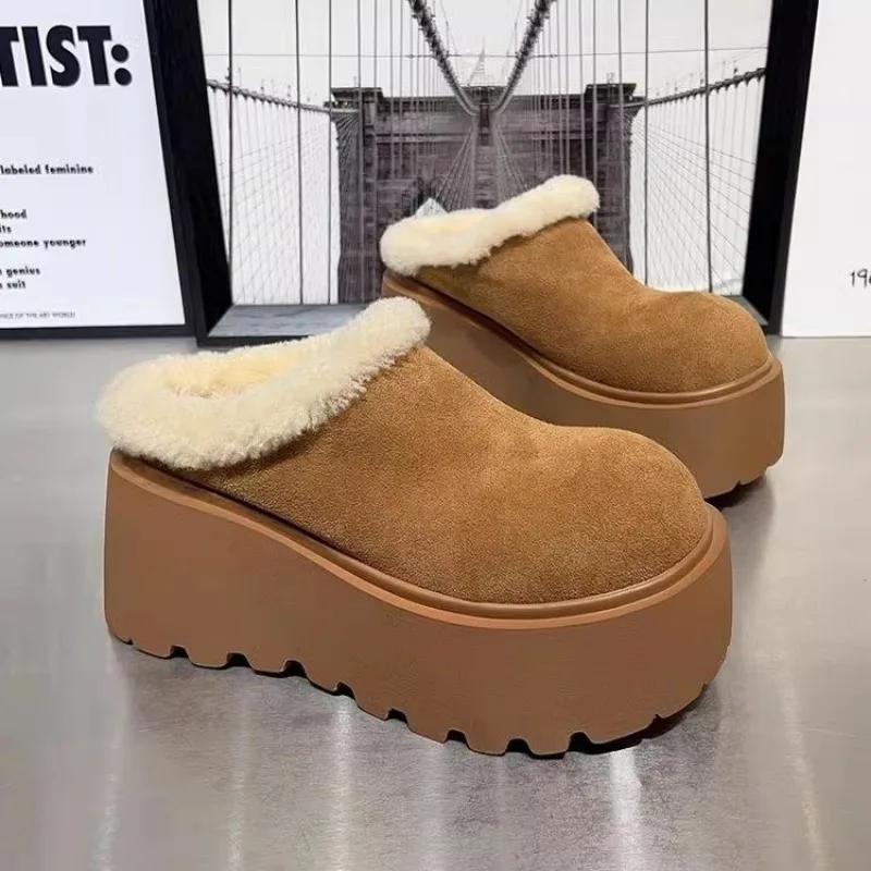 Fashion Platform High Heels Women Fur Slippers Suede Mules Shoes Winter 2025 Trend New Casual Snow Boots Short Plush Warm Cotton Shoes