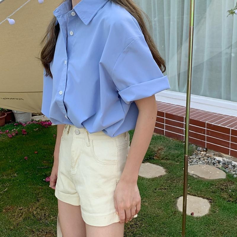 Summer Short Sleeve Solid Casual Shirts Women Fashion New Thin Single Breasted Loose Blouse Women Elegant Slim Fit Simple Office Lady Shirt Tops 26284