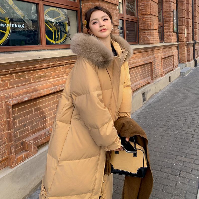 Chinese Style Cotton Coat with Fur Collar Women Winter Long Loose Solid Color Warm Jacket