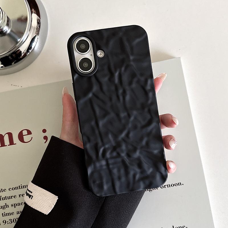 Fashion 3D Wrinkled Tin Foil Texture Matte Black Phone Case For iPhone 17 16 Pro Max Air 11 12 13 14 15 Soft Silicone Back Cover