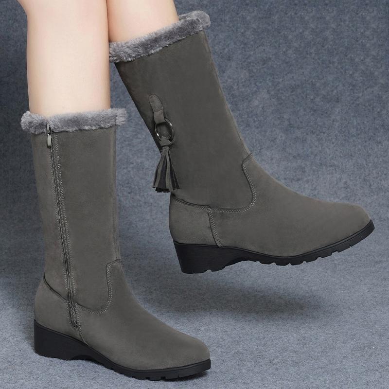 Mode Keil Baumwollstiefel Winter Neu Runde Zehe Wildleder Metallring Seitenreißverschluss Plateau Rutschfest Verschleißfest Hohe Stiefel