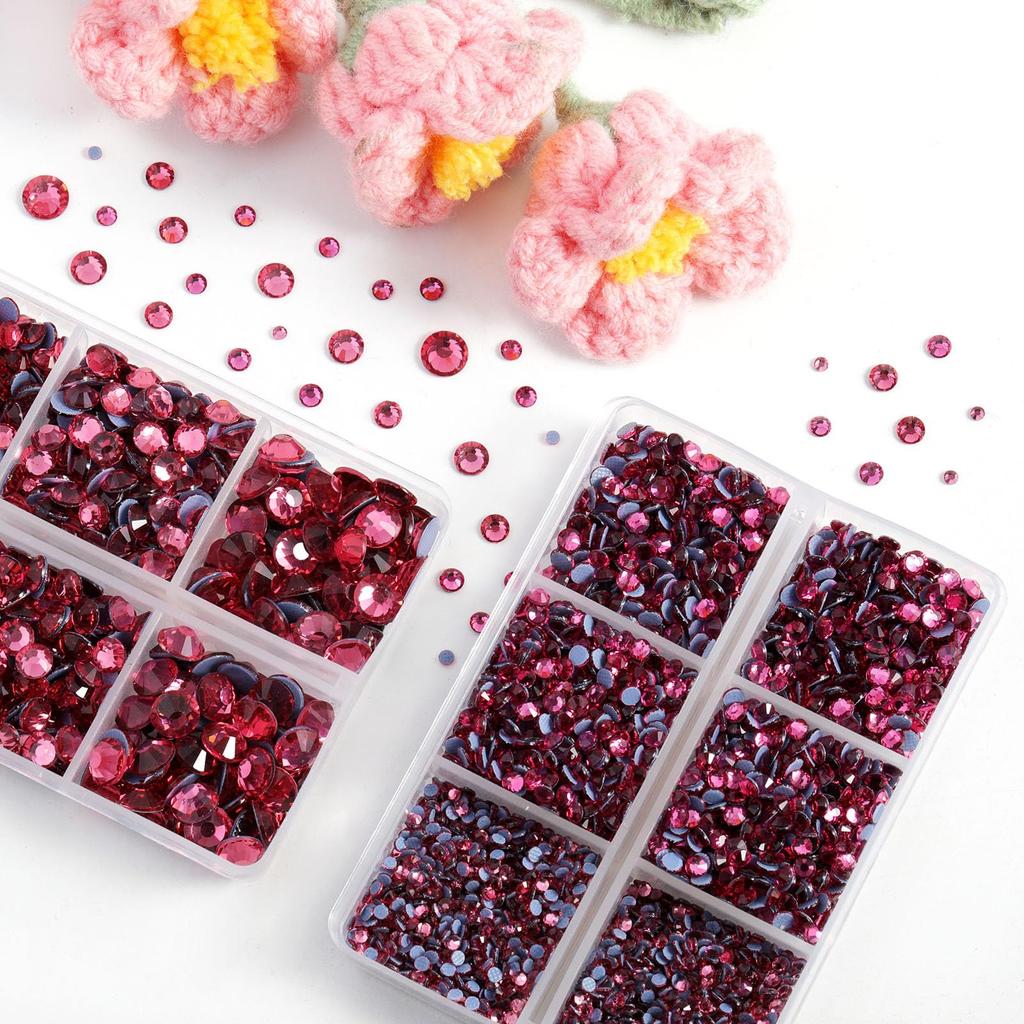 Beadsland Hot Fix Rhinestones, 6,080 Rose Rhinestones for Clothing Crafts, Mixed 6 Sizes, Includes Wax Pencil and Tweezers Kit, SS6-SS30, Rose
