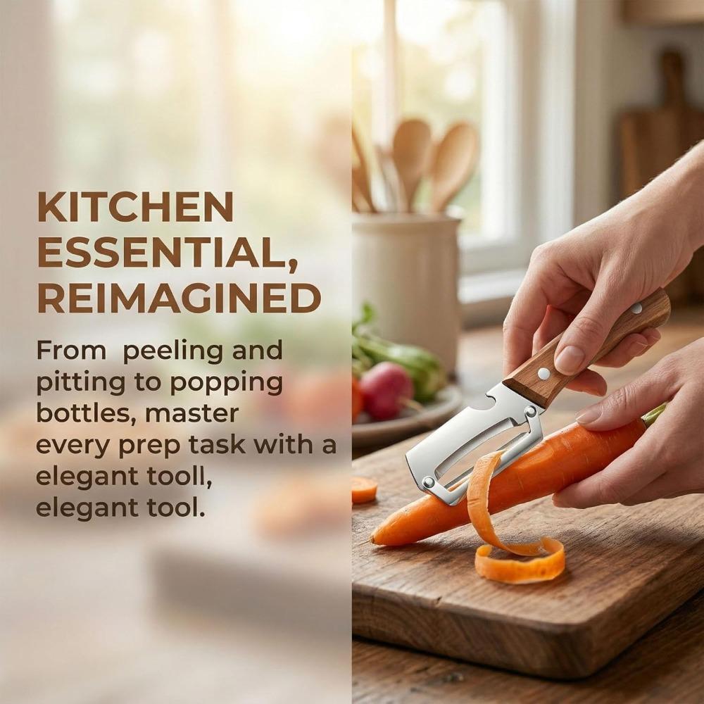 Multifunctional Vegetable Peeler for Kitchen, Premium Vegetable Peeler with Wooden Handle and Bottle Opener