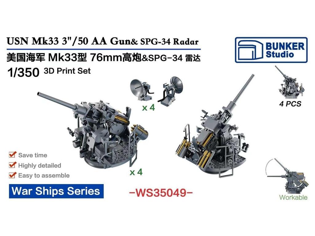 Bunker Studio American Mk33 Gun Radar Plastic Model Parts BSTWS35049 1/350 3-inch Rapid-Fire Single-Mounted w/SPG-34 (Ship)