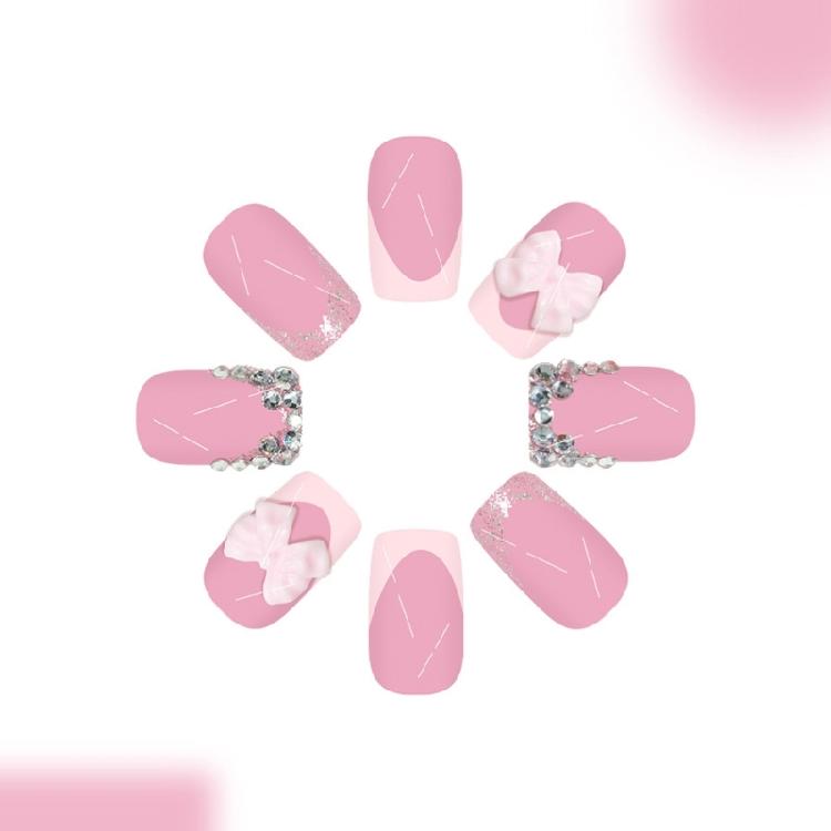 Pink Bows Fake Nail Snugly Fit Almond Shape Florals Design Lightweight Artificial Nail For Multiple Party Occasions