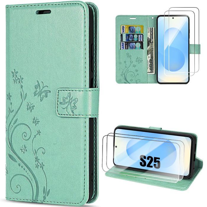 Coque pour Samsung Galaxy S25 - BOOLING - Antichoc Cuir PU Vert Motif Fleur Papillon - 2 Verres Trempés