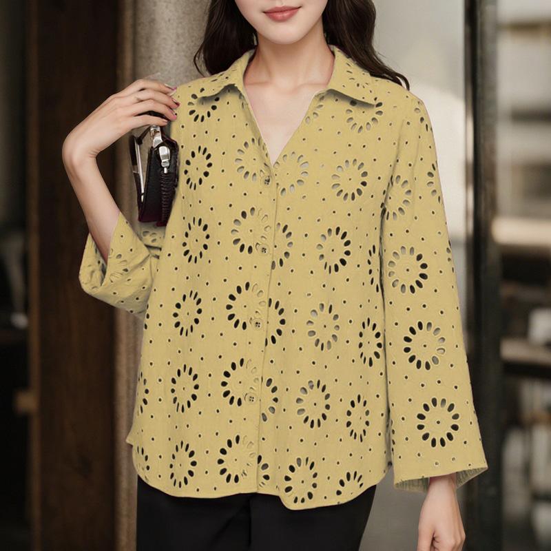 

ZANZEA Женская повседневная блузка с отложным воротником, рукавами 3/4, свободного кроя, с ажурными вставками и лоскутным узором 3XL хаки