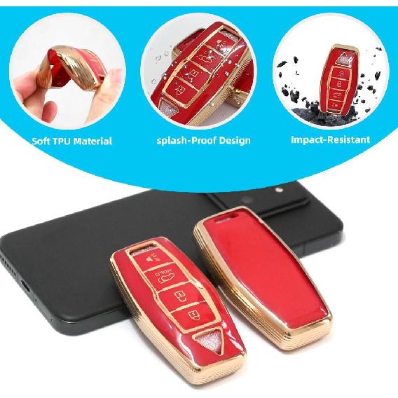 Key Fob Cover Compatible with Mitsubishi Outlander 2025 2024 2023 2022 Case Protector TPU with Little Lanyard 4 Buttons Gold Red