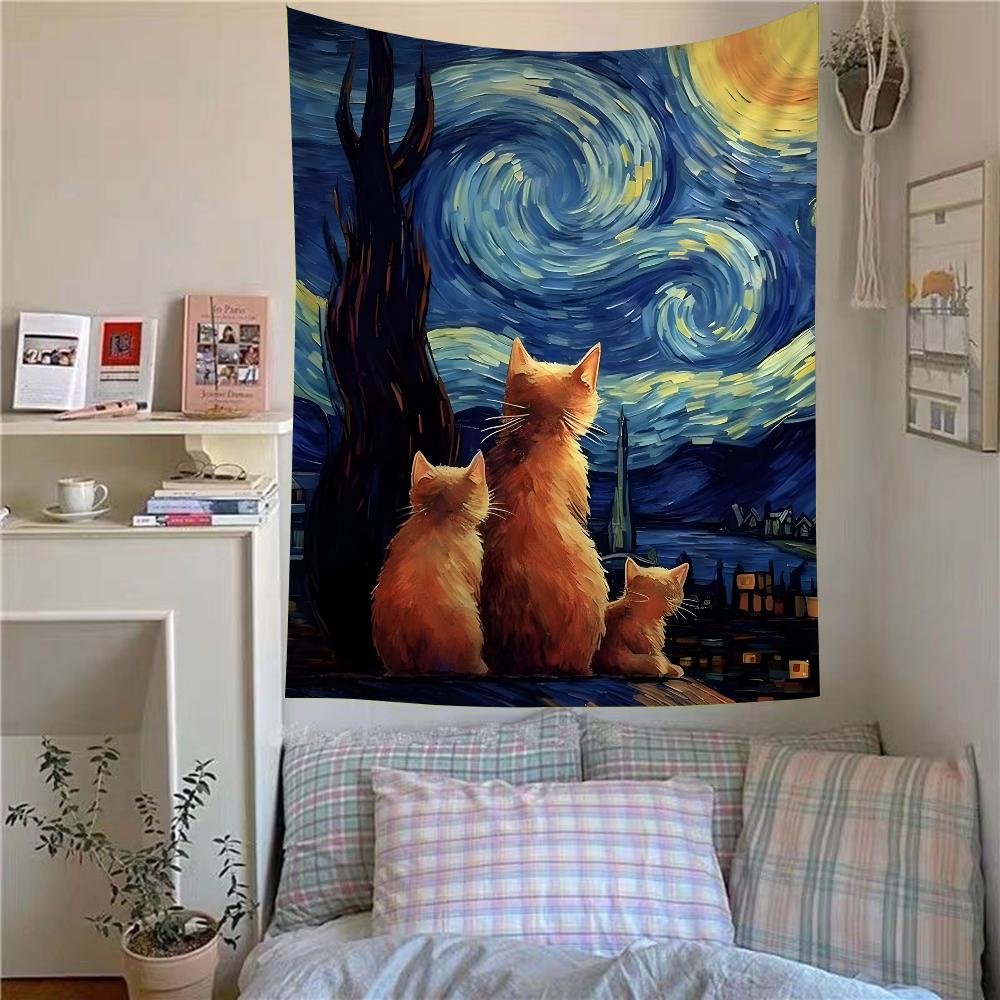 

Van Gogh The Starry Night Romantic Black Cat Tapestry Art Printing Bohemian Wall Tapestries Mandala Decor Blanket 50x70cm