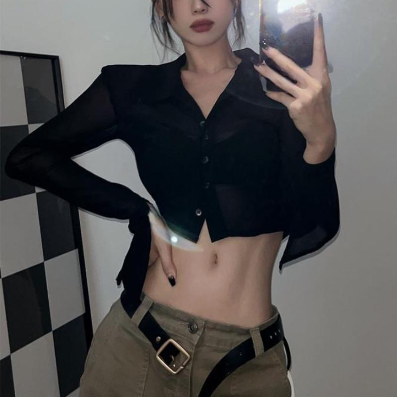 Deeptown Vintage Streetwear Crop Halenky Dámské Jednolité Sexy Průhledné topy ze síťoviny Dámská košile Slim Fit s dlouhým rukávem