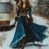 Women's Long Sleeve Maxi Velvet Dress with Fur Collar Coat