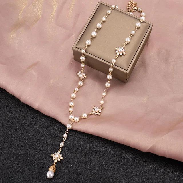 

New Korean Fashion Women Elegant Pearl Long Double Layer Pendant Necklace Women Sexy Sweater Chain Necklace Accessories