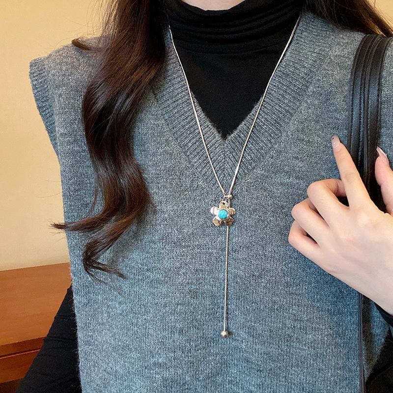 Tiger's eye stone flower love pull necklace women's long sweater chain simple daily retro match