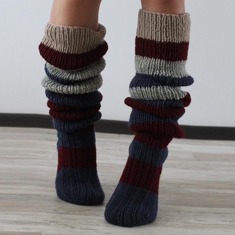 Women Vintage Colorful Striped Knitted Thigh High Tube Stockings Preppy Style Slouchy Over Knee Boot Socks Leg Warmers
