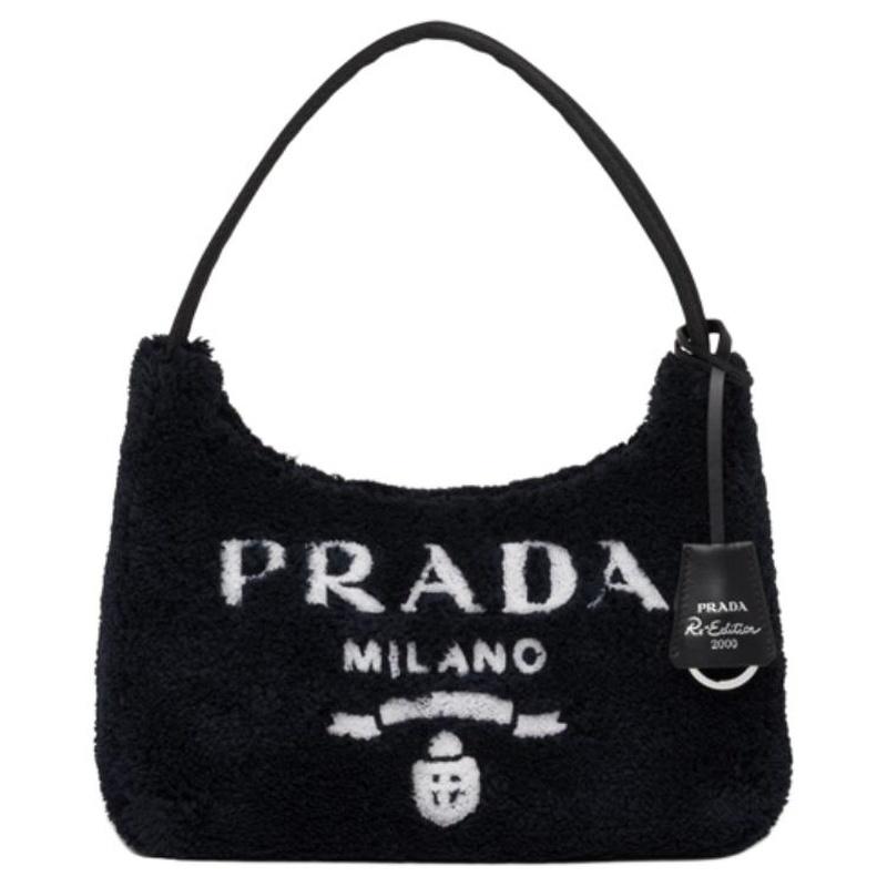 Prada Re-Edition Logo Zip Closure Terry Fabric Underarm Bag Hand Shoulder Bag Mini Women's Black