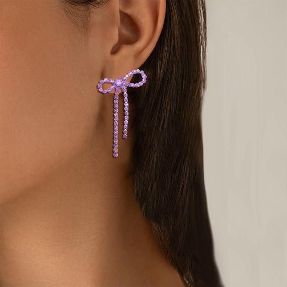 Sparkly Rhinestone Bow Earrings Personalized Bowknot Ear Stud Creative Gift Long Dangle Earrings