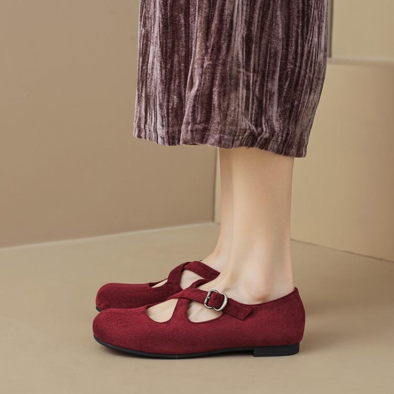 Fashion New Minimalist Retro Low Heel Round Toe Ballet Shoes Women's Belt Buckle Solid Color Breathable Mary Jane Single Shoe Size 35-43