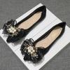 Fashion pearl beading crystal pandent flats women  silk pleated bowknot ballerina shoes woman pointed toe moccasins big size 43