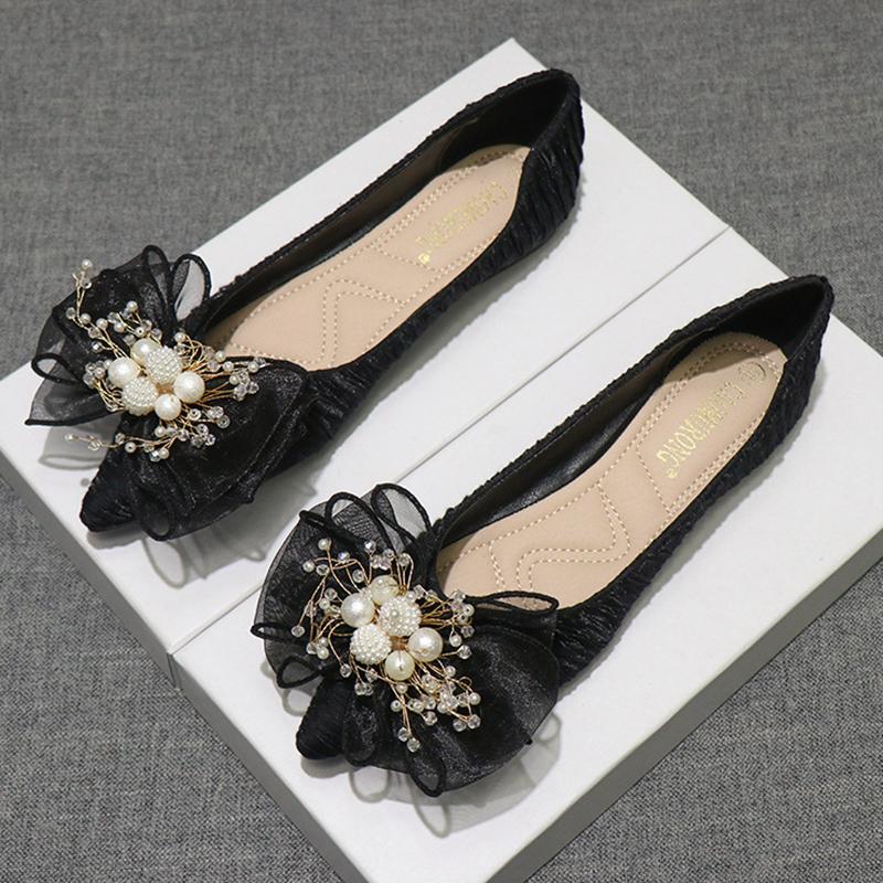 Fashion pearl beading crystal pandent flats women  silk pleated bowknot ballerina shoes woman pointed toe moccasins big size 43