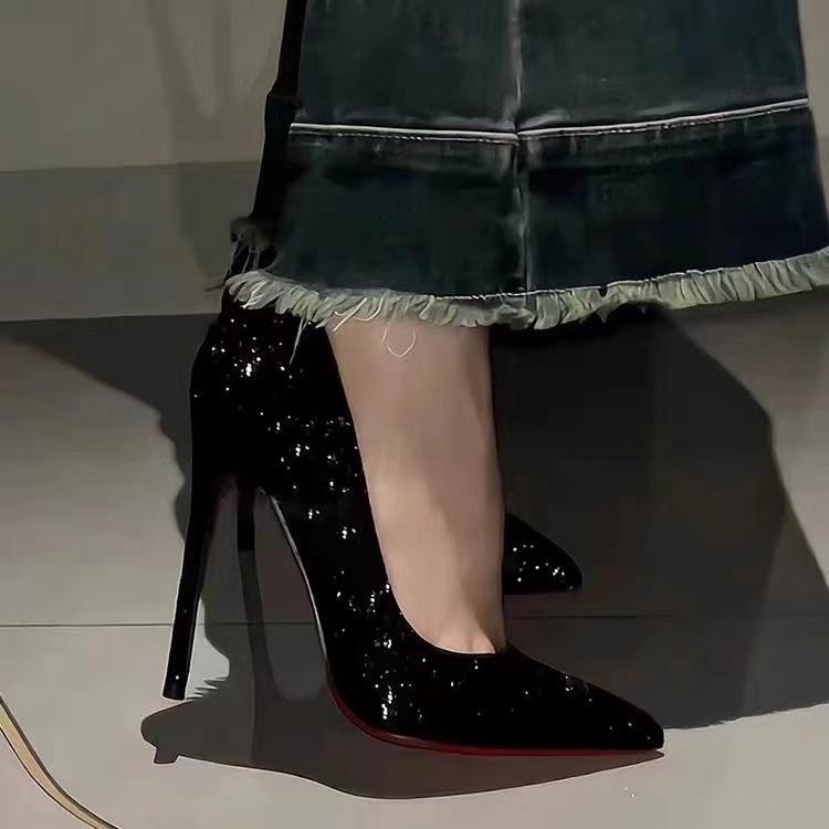 2024 Women's Glitter Red Bottom Black Stiletto Heels, Size 43 - Sexy Pointed Toe, Professional, Elegant, and Absolutely Stunning Single Shoes.