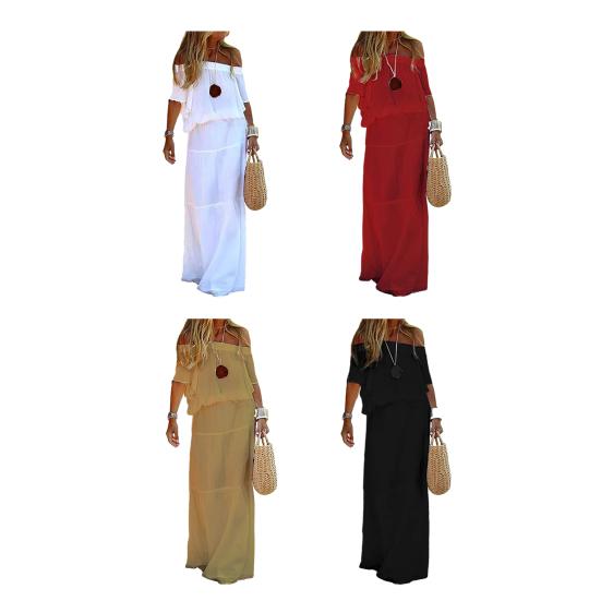 Casual Dress Off Shoulder Short Sleeve Elastic Waist Women Dress Solid Color Loose Cut