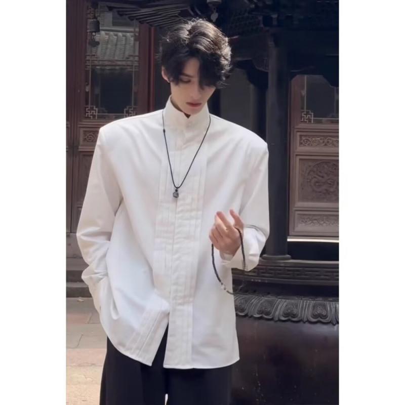 High End Sense Fashion Pleated Shoulder Pad Solid Color Versatile Top Trendy European American Style Suit Inner Wear Mens Shirt