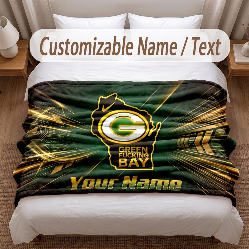 Green Bay Packers Printed Flannel Blanket Custom Name Text Soft Warm Throw For Bedroom Holiday Gift