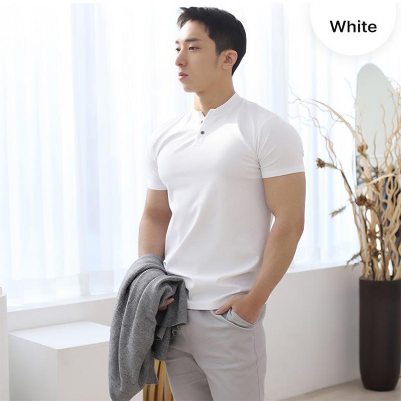 

2025 Men s Summer Slim Fit Henley T-Shirt - Short Sleeve, Stretch, Breathable XXL белый