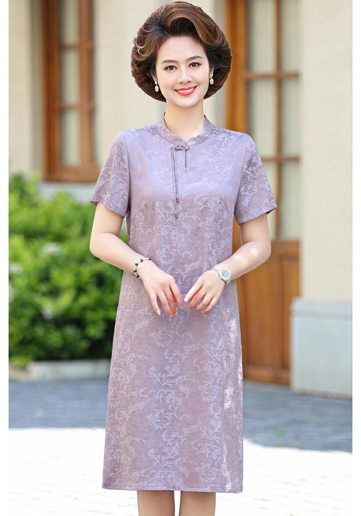 Summer Short-Sleeved Faux Silk Qipao Dress for Middle-Aged and Elderly Women