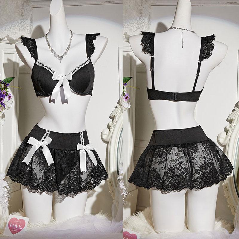 Exotic Set Hot Cosplay Uniform Naughty Lingerie Bowknot Bra And Thong Set Lace Mini Skirt Sexy Outfit Costumes Women