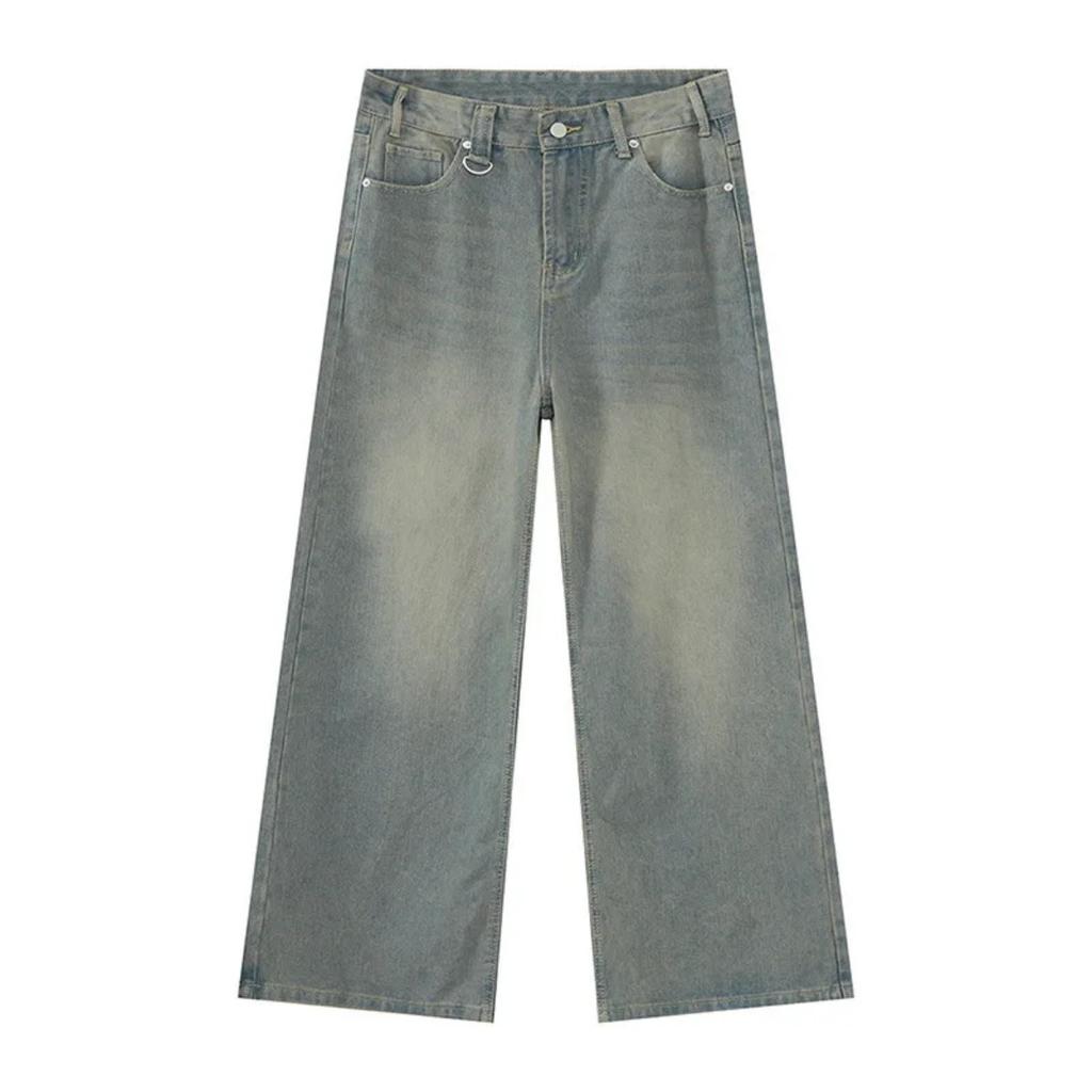 Men's Denim Pants Old Blue Washed Male Jeans Straight Casual Menwear Loose Wide Leg Trousers New Fashion