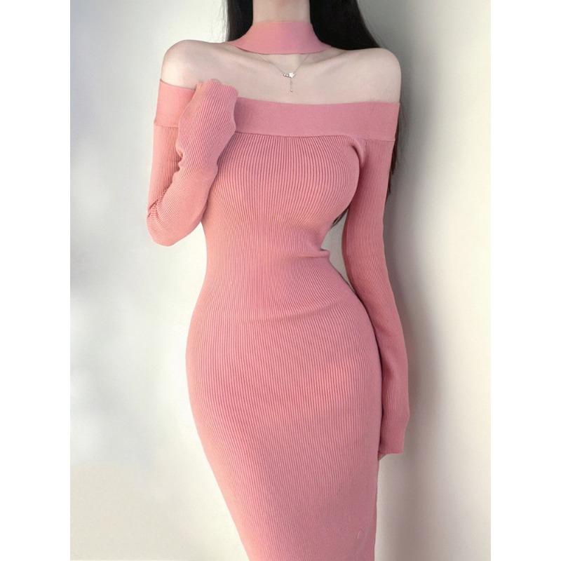 Autumn and winter new high-end temperament knee-length dress slim-fitting inside with pink one-word shoulder knitted dress