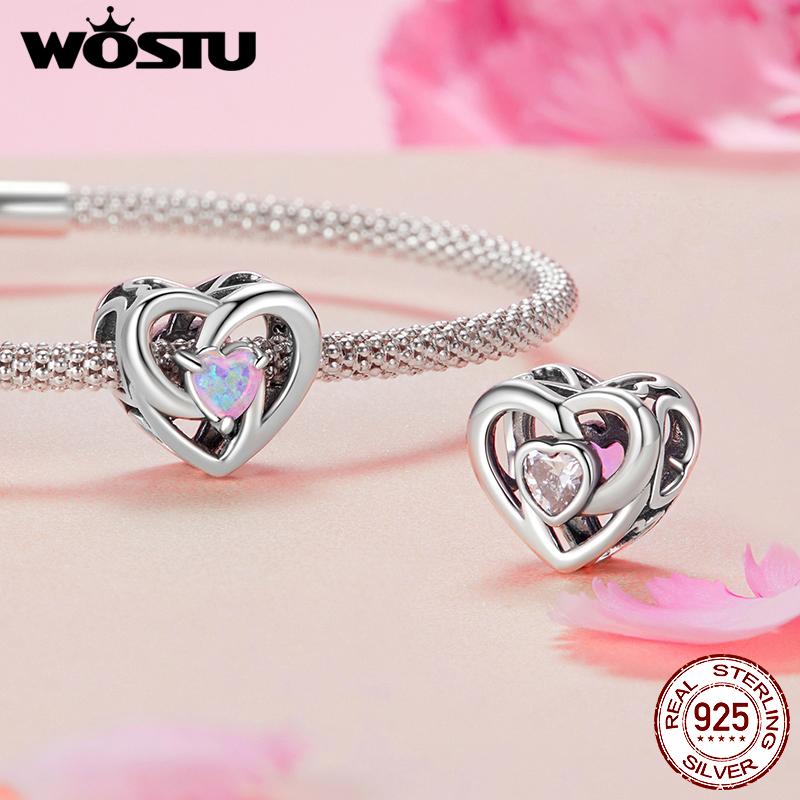 WOSTU Mom's Jewelry Gift 925 Sterling Silver Pink Opal Inifinite Love Charm Pendant Heart Puzzle Beads Fit Bracelet DIY Making