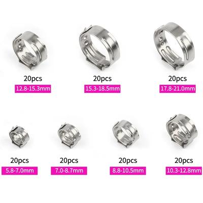 140pcs Single Ear Stepless Hose Clamps Or 1PC Hose Clip Clamp Pliers 7-21mm 304 Stainless Steel Hose Clamps Cinch Clamp Rings