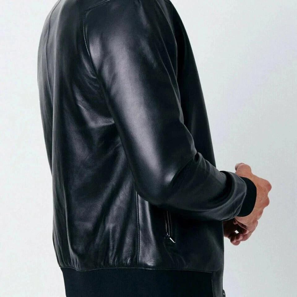Jacket Bomber Handmade Leather Stylish Men's Black Genuine Lambskin Motorcycle Biker