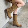 Autumn New Wasteland Style Retro Round Head Thick Heel Lapel Tube Polished Cow Suede Western Short Boots Women's Boots