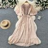 French gentle wind heavy industry embroidery V-neck dress women's summer short sleeves waist thin A word holiday style long dress