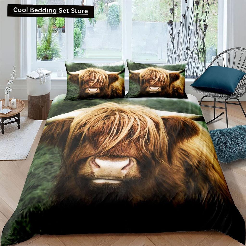 Highland Cow King Queen Duvet Cover Bull Bedding Set for Adults Cattle 2/3pcs Quilt Cover Farm Animal Polyester Comforter Cover