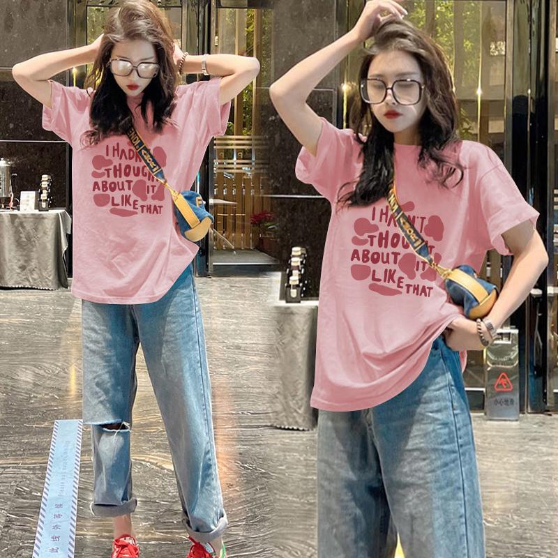 

Pink short-sleeved t-shirt women s crew neck pure cotton loose American retro women s summer dopamine top S