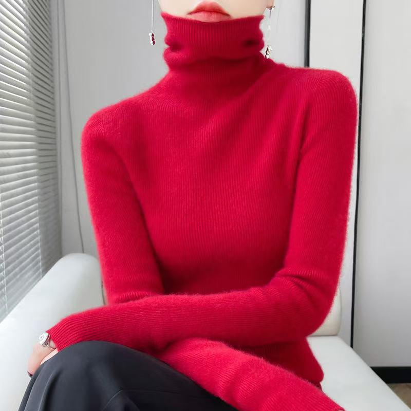 Women’s 2025 Autumn/Winter Pure Wool Sweater, Half-High Neck, Ribbed, Slim-Fit, Figure-Flattering with Cashmere Inner Layer