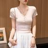G Youke silk, with good materials and quality, button V-neck T-shirt women's short-sleeved summer new high-waisted top