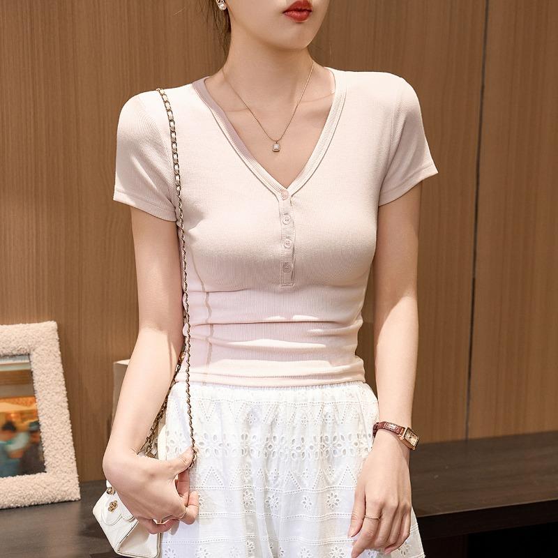 G Youke silk, with good materials and quality, button V-neck T-shirt women's short-sleeved summer new high-waisted top