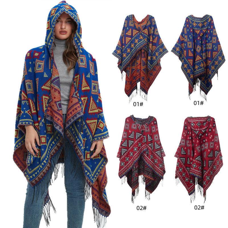 

Женский плащ с капюшоном и кисточками, шаль, осенне-зимний дорожный жаккардовый теплый шарф