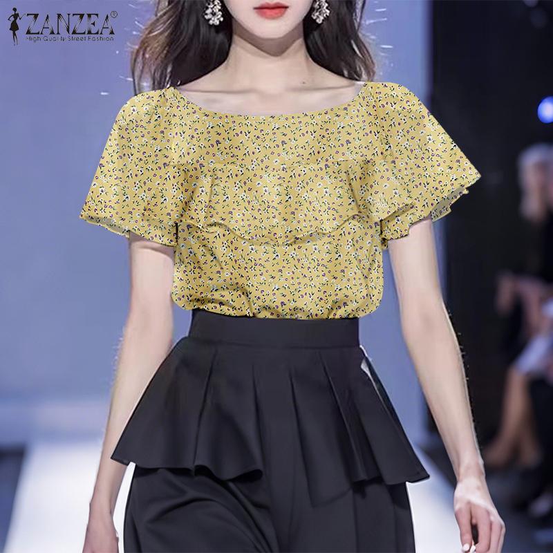 

ZANZEA Women Floral Print Casual Short Sleeve Ruffles Blouse 5XL чорний