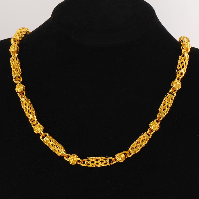 Men's 18k Gold Plated Cylindrical Necklace with Spaced Pumpkin Beads - Creative Fashion Accessory