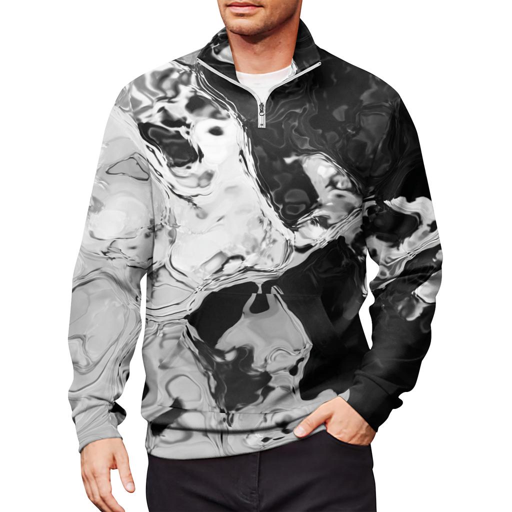 Men's Loose Casual 1/4 Zip Sweatshirt Fashion Printed Long Sleeve Top With Pockets